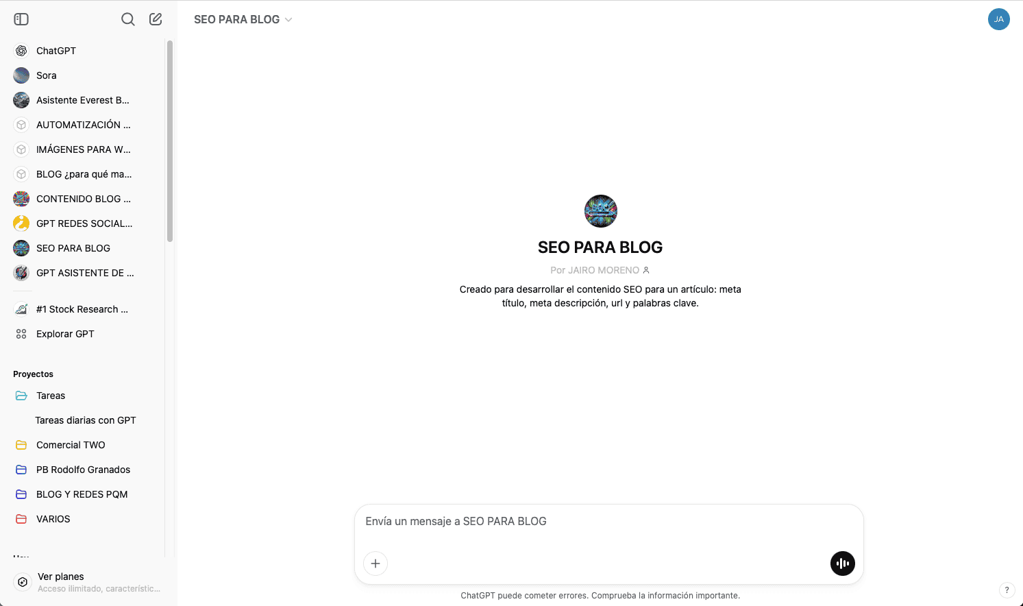 nterfaz de configuración del GPT "SEO PARA BLOG", diseñado para la optimización de artículos mediante meta títulos, descripciones y palabras clave.
