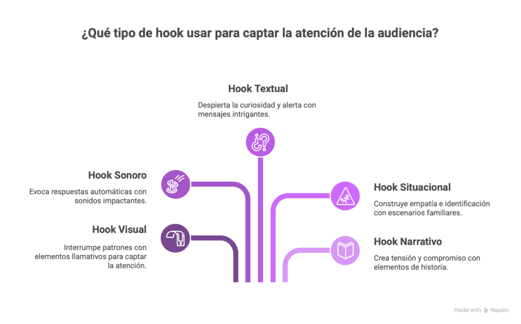 Diagrama con cinco tipos de hooks: textual, sonoro, visual, situacional y narrativo, conectados mediante líneas de colores.