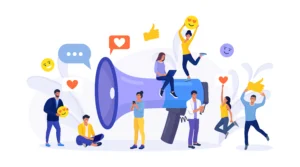 Ilustración de personas interactuando con emojis y dispositivos móviles alrededor de un altavoz, representando el marketing digital y la comunicación en redes sociales.