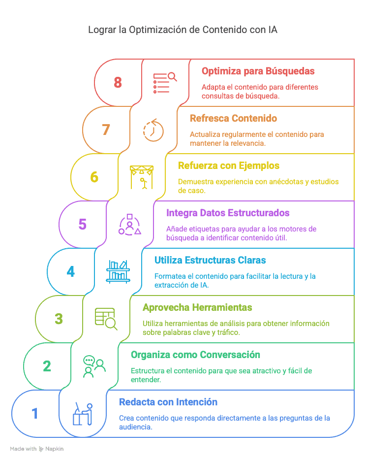Infografía sobre cómo lograr la optimización de contenido con inteligencia artificial mediante ocho estrategias clave.