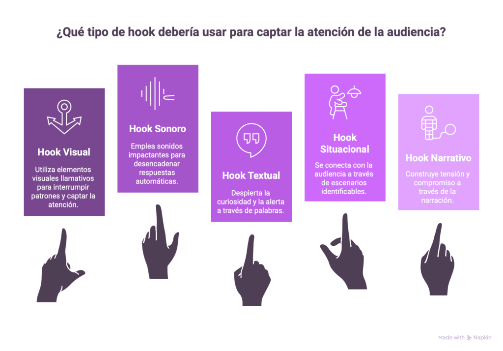Infografía que muestra cinco tipos de hooks para captar la atención: visual, sonoro, textual, situacional y narrativo.