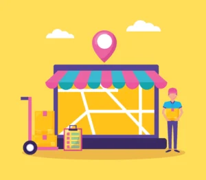 Ilustración de entrega y mapa digital representando estrategias de SEO local para atraer clientes cercanos